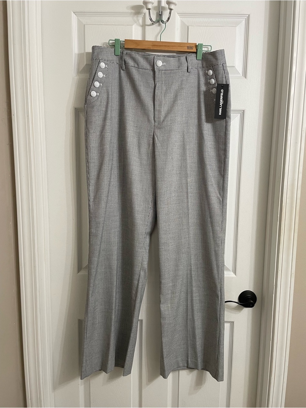 Karl Lagerfeld Black and White Stripe Wide-Leg Pants with  White Side Buttons